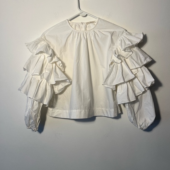 Ulla Johnson Tulia Tiered Ruffle Sleeve Crisp Ivory White Cotton Top - Picture 6 of 10